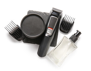 Modern trimmer and set of shaving accessories isolated on white background
