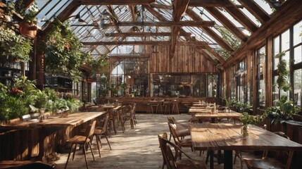 Fototapeta premium Room Filled With Wooden Tables and Chairs
