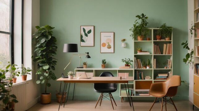 Room With Desk, Chair, Bookshelf, and Potted Plants