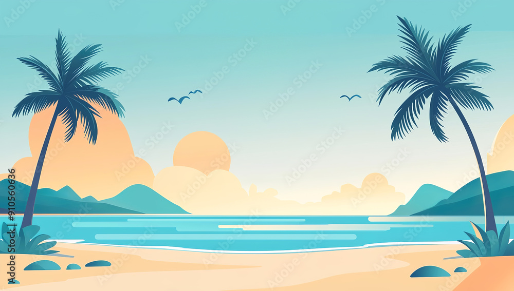 Poster a flat vector illustration of a tropical beach with palm trees and...