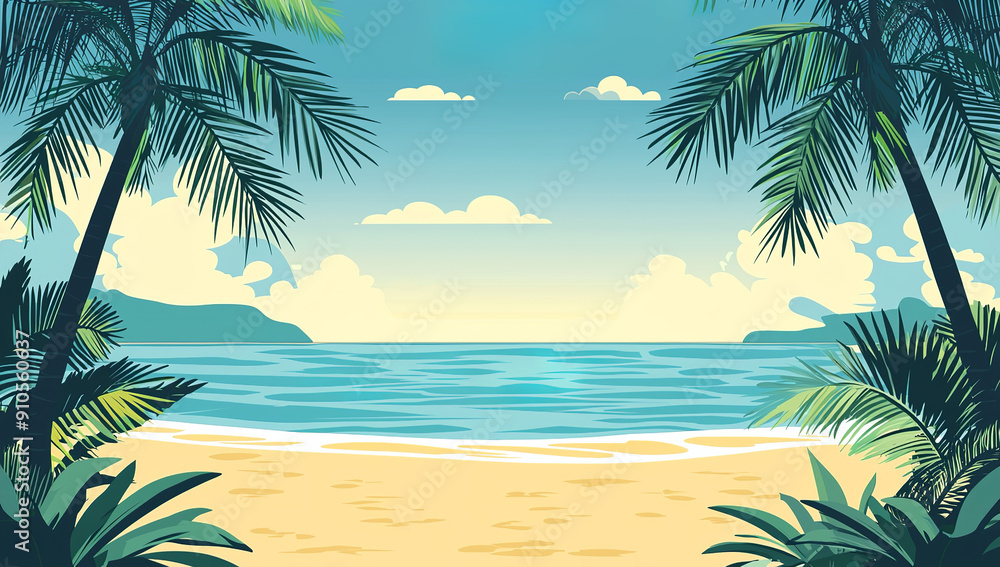 Poster a flat vector illustration of a tropical beach with palm trees and...