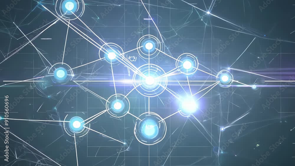 Poster network lines and nodes on a dark background, reminiscent of neural networks or digital communicatio