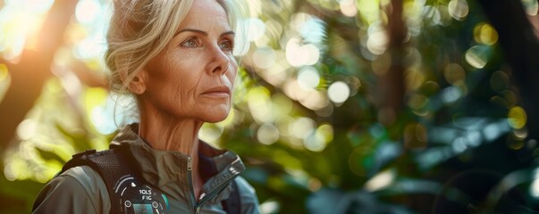 Modern mature woman with smart watch analyzing data in a nature setting