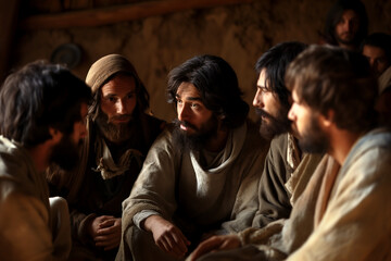 Obraz premium Group of Men Discussing in Ancient Setting, Historical Biblical Scene, Jesus and Disciples Conversation, Middle Eastern Attire, Early Christianity, Sacred Teachings, Faith and Fellowship