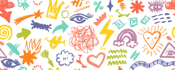 Seamless pattern organic grunge bold shapes, eyes, star, crown, arrow, curved lines and dots. Geometric vector collage in Memphis style. Hand drawn geometric pattern.