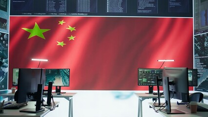 Empty chinese army power base control room using radar cctv to monitor terrorist attacks and...