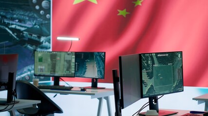 Empty chinese army power base control room using radar cctv to monitor terrorist attacks and...