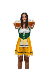 vertical Smiling young bavarian girl holding two beer glasses up to celebrate Oktoberfest