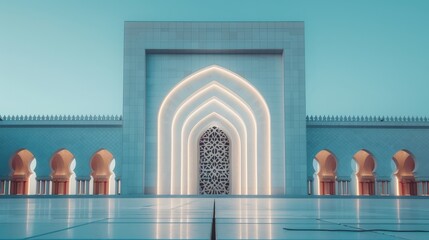 Intricately carved mosque with elaborate patterns, glowing under the neon lights of a lively city, merging cultural heritage with contemporary vibes