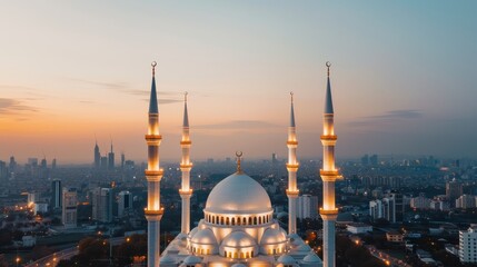 Obraz premium Majestic mosque featuring detailed architecture, set against a backdrop of a lively, neon-lit cityscape at dusk