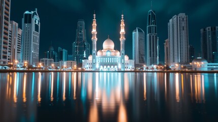 Obraz premium Majestic mosque with intricate design standing gracefully in the vibrant neon-lit city, creating a serene contrast to the urban chaos