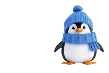 cute penguin wearing winter hat and scarfs,  isolated png transparent background