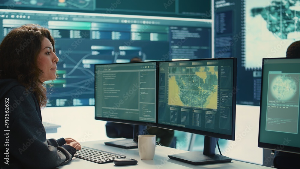Poster cyber operations center with governmental hackers working on digital security activities during hybr