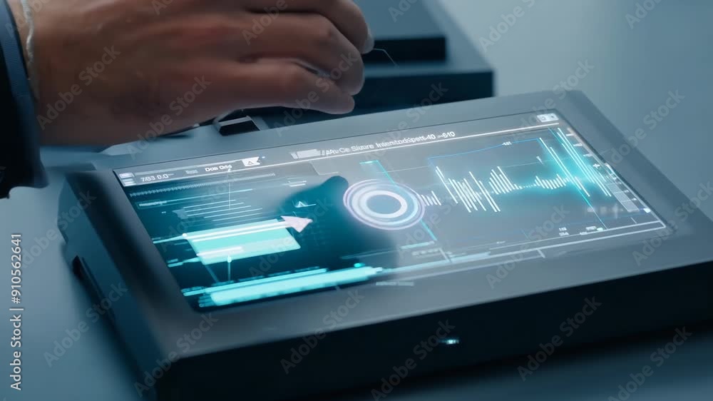 Poster hands of an engineer working with high-tech equipment in a laboratory. close-up concept: innovation,