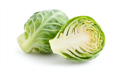 Fototapeta premium A single Brussels sprout halved, with delicate layers unfolding. Crisp detail and fresh look emphasized against a white background