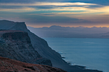 Sunset over the landscape around Mirador del Rio on the island of Lanzarote, Canary Islands