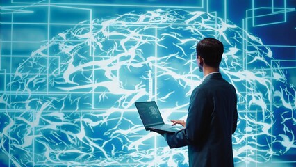 Computer scientist solving tasks on laptop, running artificial intelligence programming scripts....