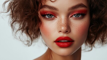 Fototapeta premium Elegant portrait of a woman with bold red makeup on a light background