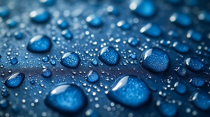  Close-up view of water droplets on a blue background 