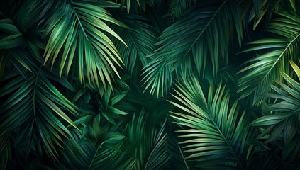 A background of palm leaves in a realistic style, with a dark green...