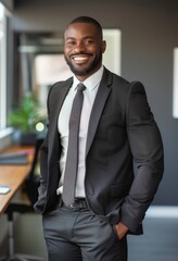 Fototapeta premium African American businessman in formal wear in a modern office setting.