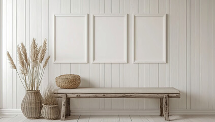 empty white picture frames on the wall above a long console table,...