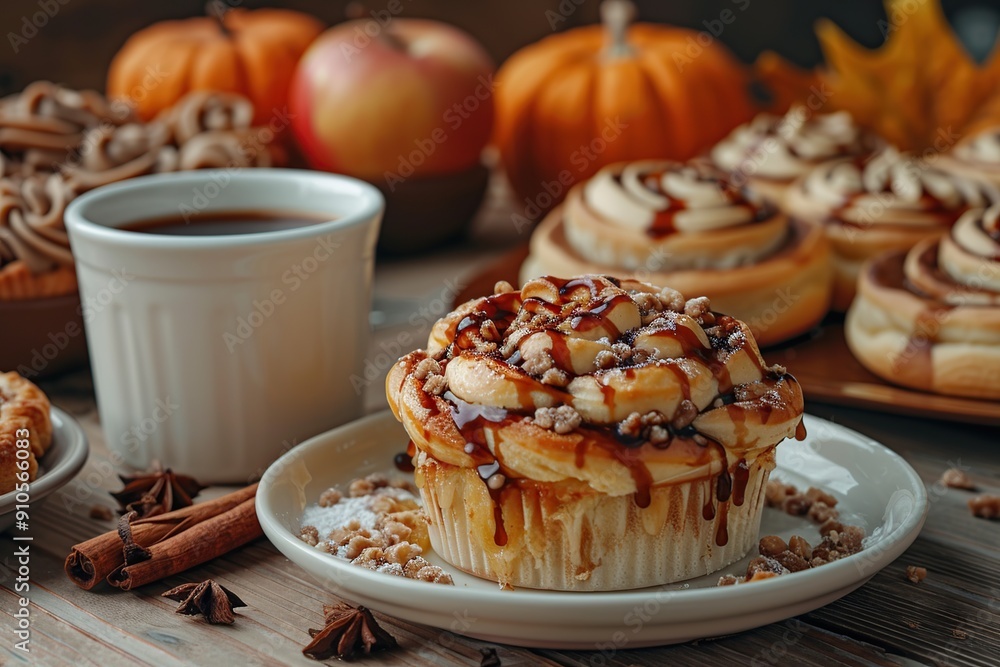 Wall mural cinnamon rolls with caramel sauce and autumn decorations