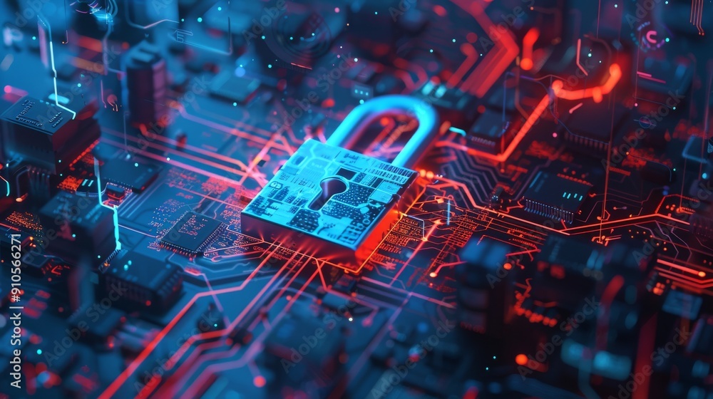 Poster cybersecurity visualization showing a secure lock integrated to protect data, illustrating the need 
