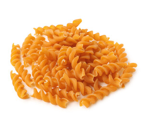 Heap of tasty raw fusilli pasta on white background