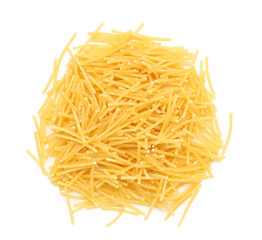 Heap of tasty raw vermicelli pasta on white background