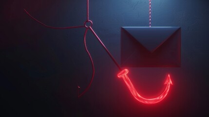 Creating awareness about phishing scams, this conceptual image portrays a fishing hook concealed as an email icon.