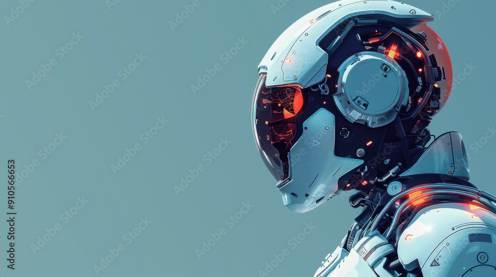 Poster detailed side view of a futuristic robot helmet, featuring intricate design elements and an orange g