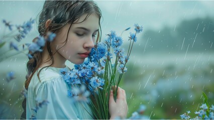 girl in flowers field holding bouquet of flowers, rainy season