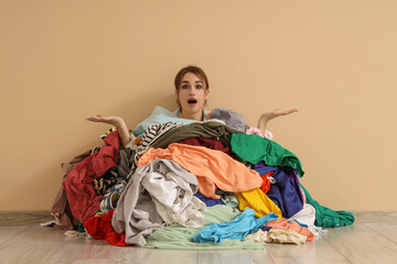 Shocked young woman buried under pile of dirty laundry on beige background