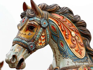 Naklejka premium Close-up of a vintage wooden carousel horse, showcasing its ornate carvings and bright paint, isolated on a clean background with space for text