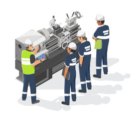 Engineer and Technician work  training on Heavy Duty Metal Lathe Machine metalworker industrial experienced operator Maintenance concept isometric industrial machinery labor working white background