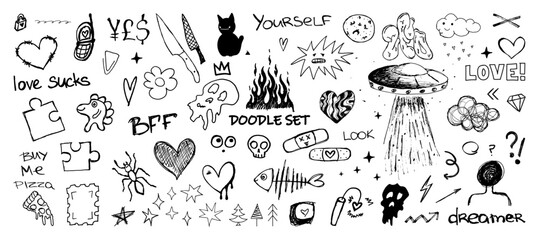 Teenage doodles, scribble drawings, collage of drawings of depressive mood in a teenage style. Concept of emo drawings in a notebook. Elements drawn by hand. Scribble and doodles set by pen. Vector