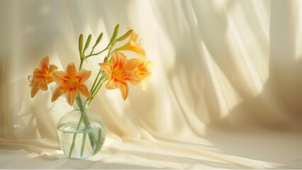 flowers in a vase in an empty minimalist room with sunlight exposure from the window
