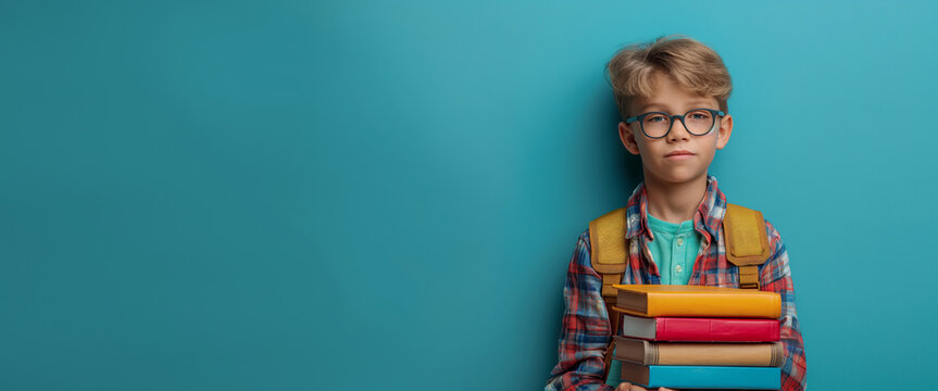 Young Scholar with Books. A thoughtful schoolboy with glasses holds a stack of colorful textbooks, ready to learn and explore new knowledge.
