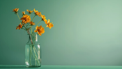flowers in vase against green background.  Concept Home decor, Floral arrangements,  Minimalist style