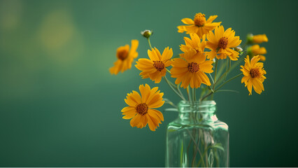 flowers in vase against green background.  Concept Home decor, Floral arrangements,  Minimalist style