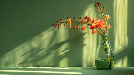 bouquet of flowers in vase on green wall background, copy space for text