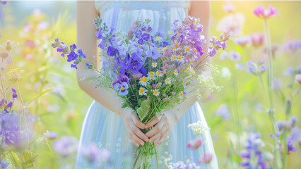 woman holding bouquet of flowers  in the flower field