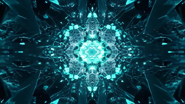 Extreme close-up: Teal crystalline formation explodes in black void. Zooms into geometric center. Shards of light scatter symmetrically, creating kaleidoscopic patterns. 
