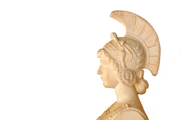 Classical Roman female marble bust adorned with a helmet set against transparent background, aspect...