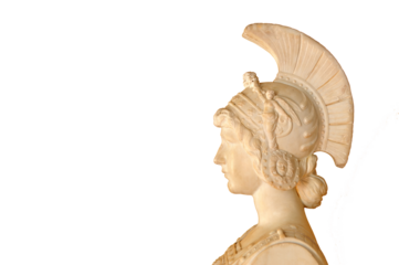 Classical Roman female marble bust adorned with a helmet set against transparent background, aspect ratio 3:2