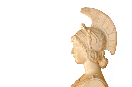 Classical Roman female marble bust adorned with a helmet set against transparent background, aspect ratio 3:2