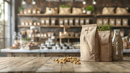 A rustic store interior showcasing a wooden counter with various packaged products and jars, creating a cozy and inviting atmosphere.