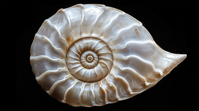 Close-Up of Seashell's Logarithmic Spiral Pattern Black Background
