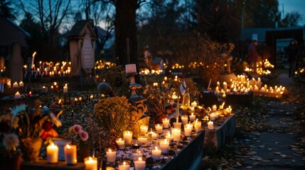 many lit candles inside a cemetery. concept day of the dead mexico